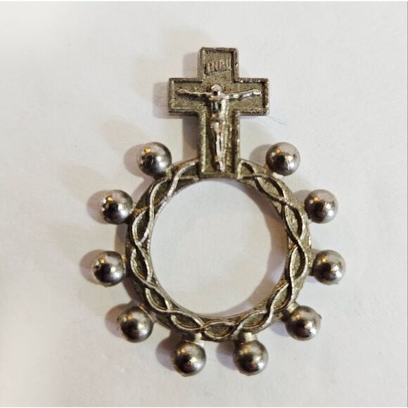 Vintage Italian Pocket Rosary Prayer Ring Crucifix Silver Tone Catholic Cross - Picture 5 of 6